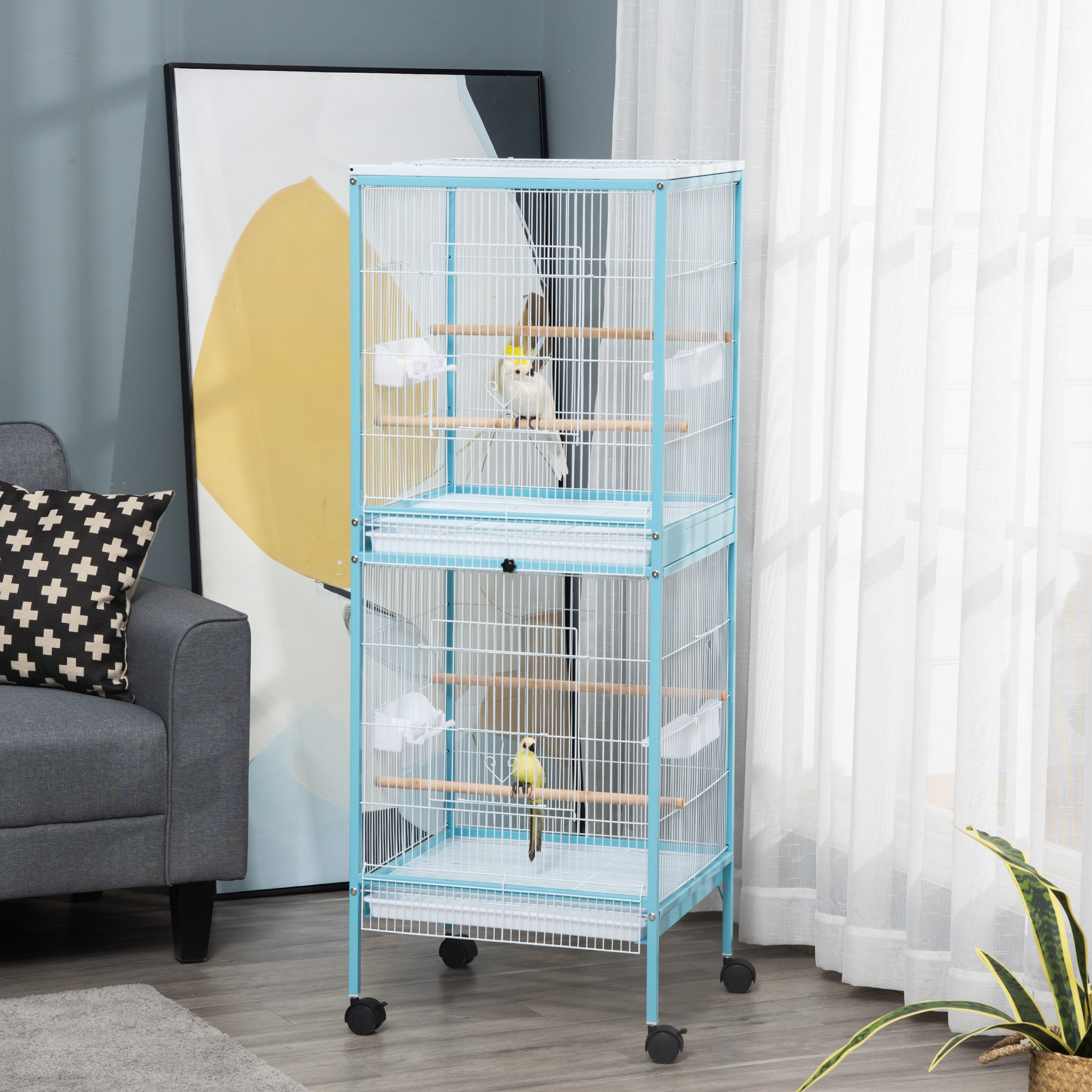 55" 2-in-1 Bird Cage Aviary Parakeet House for finches, budgies with Wheels, Light Blue