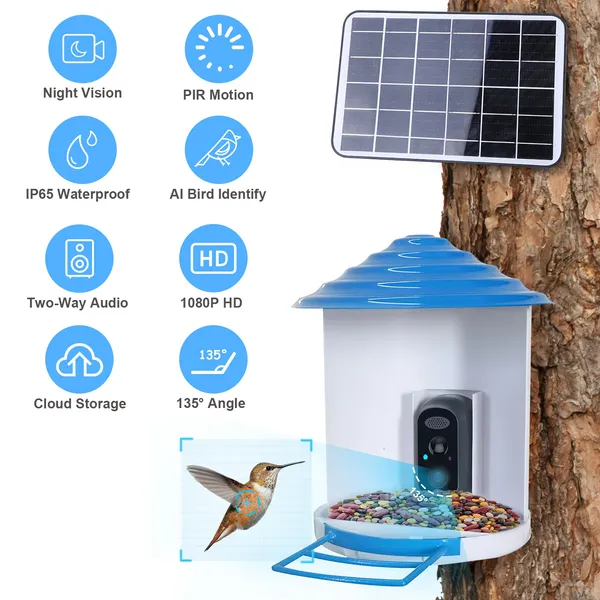 Smart Bird Feeder With Solar Powered Camera 1080P HD AI Identify PIR Motion Auto Capture…