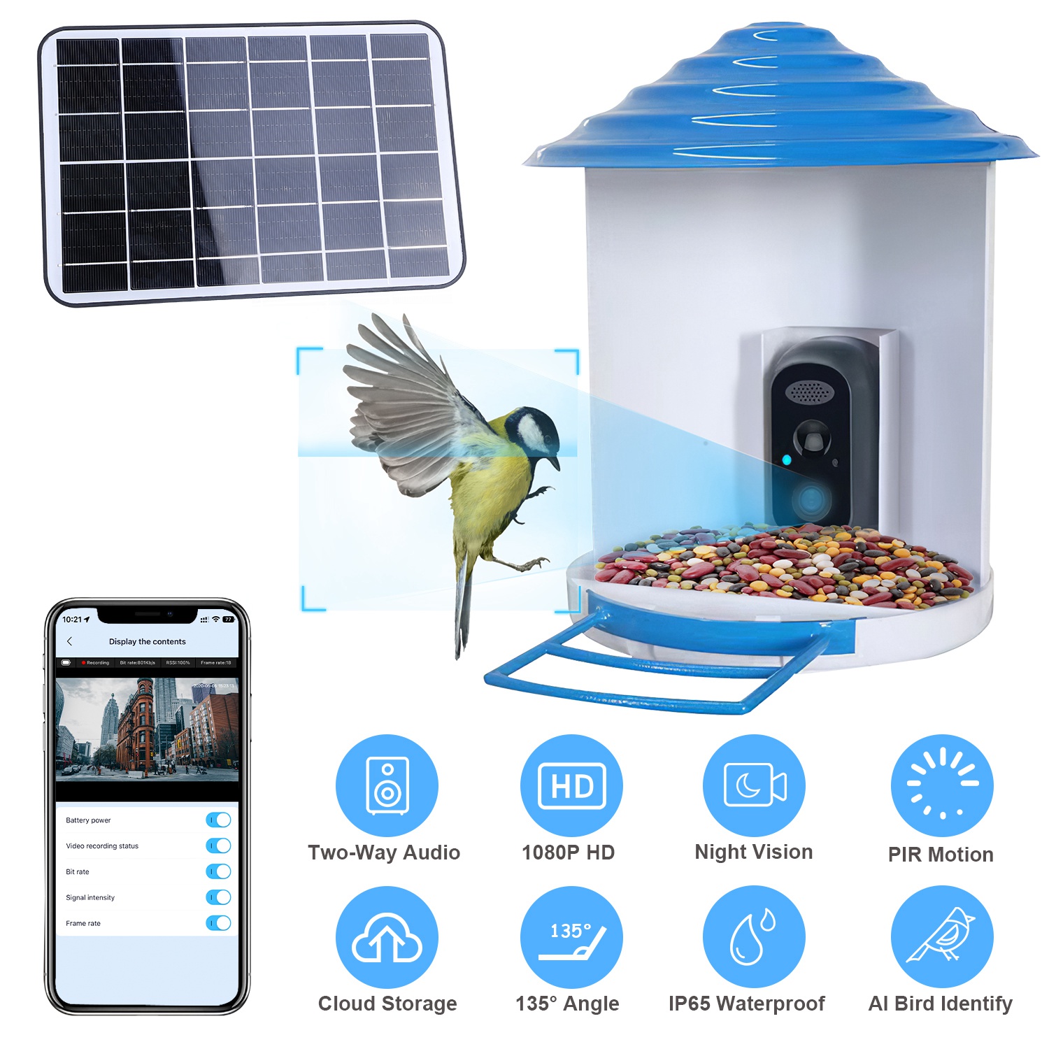 Smart Bird Feeder With Solar Powered Camera 1080P HD AI Identify PIR Motion Auto Capture…