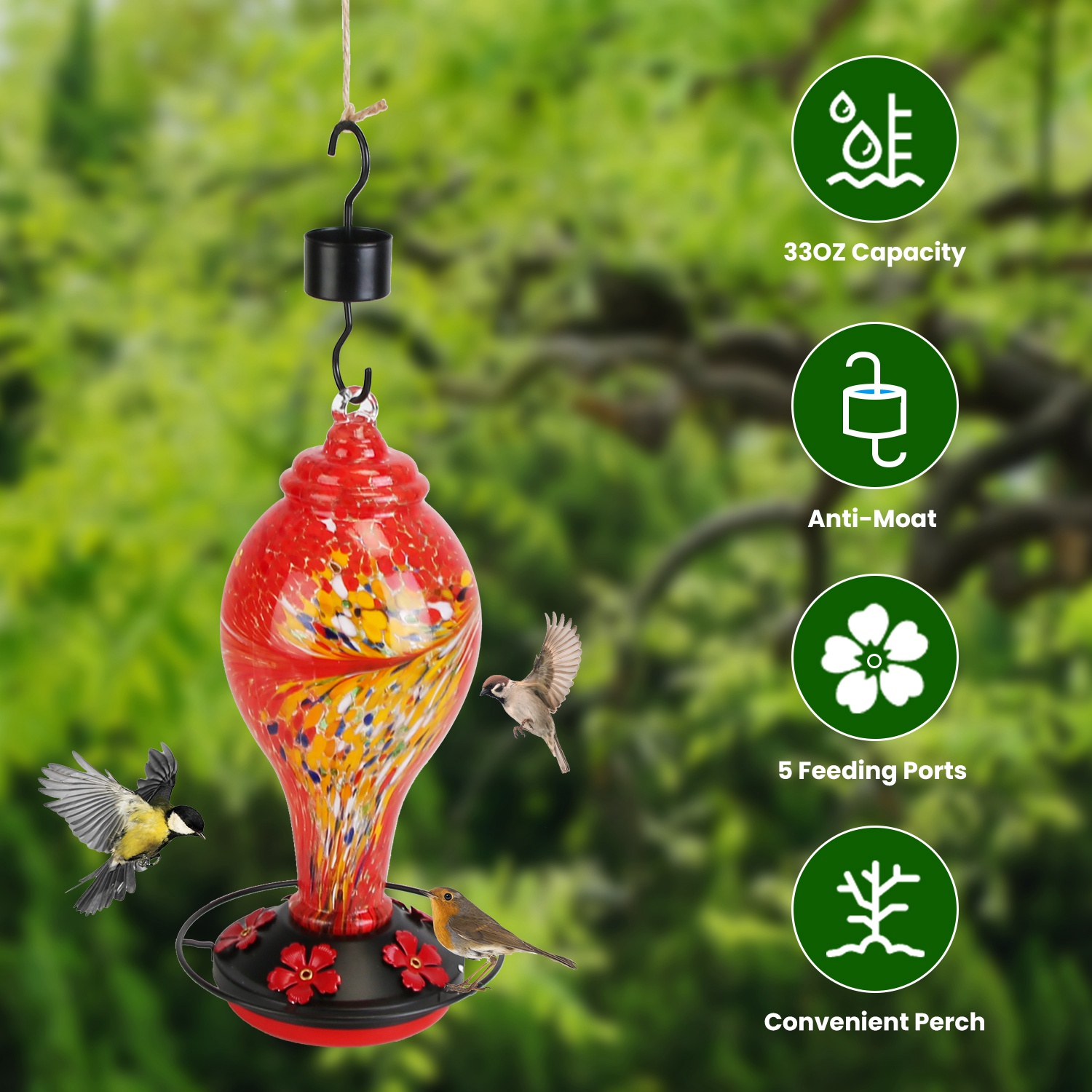 1-Pack Glass Hummingbird Feeder 33OZ Hand Blown Hummingbird Feeder With 5 Flower Feeding…