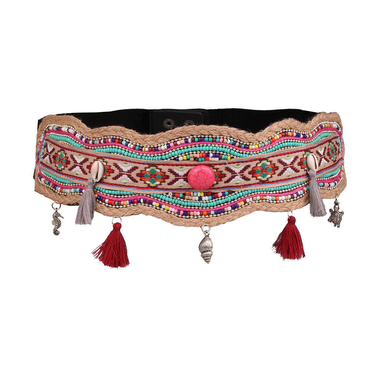 Ethnic Style Beads Hemp Rope Shell Popular Wide Waist Seal Women's Elastic Belt Aesthetic…