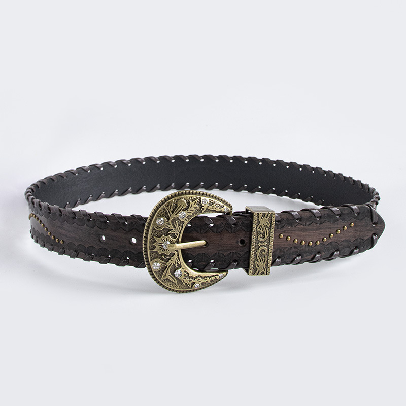 Women's Vintage Old Threading Rivet Embossed Brown Belt Women's Personality Vintage Belt
