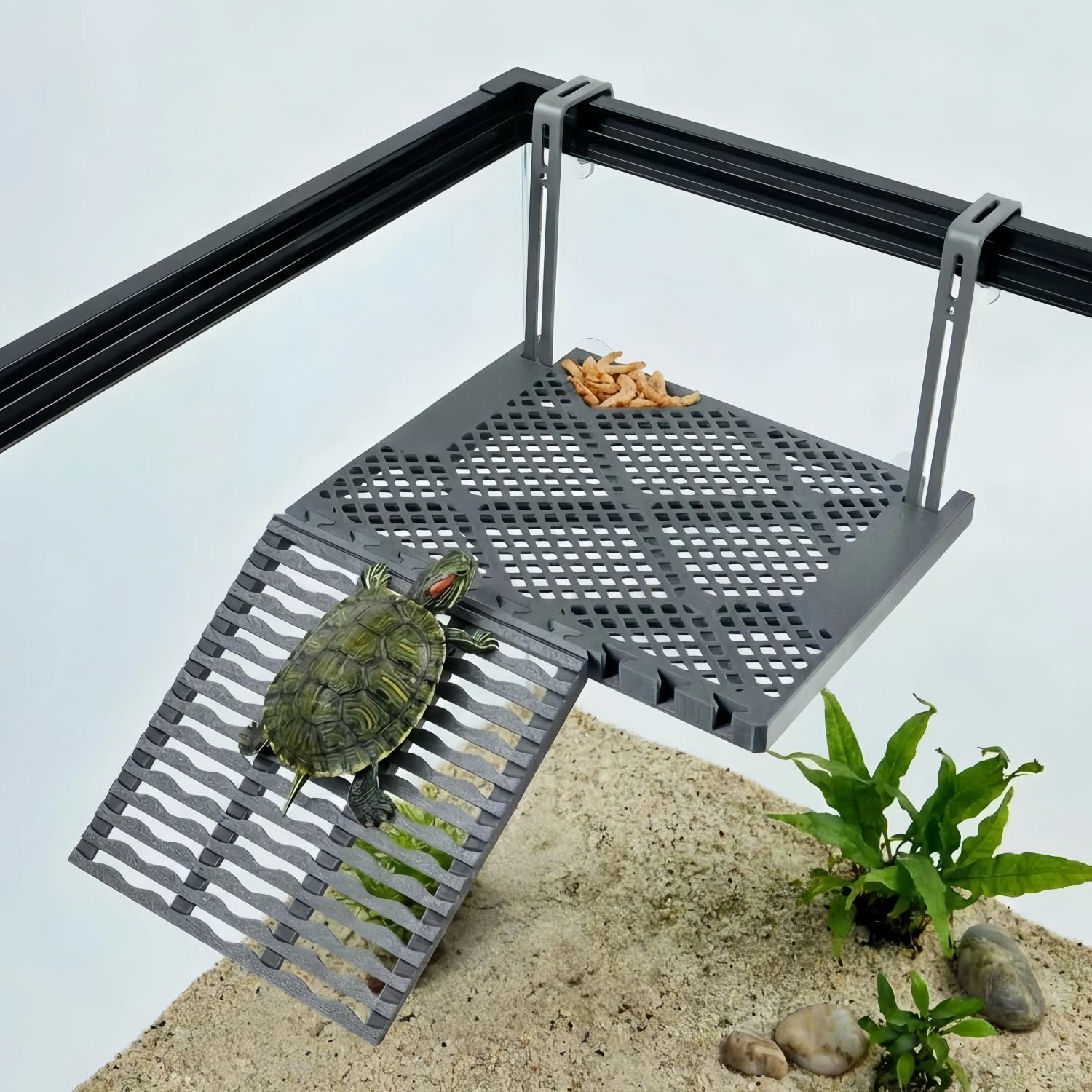 Hanging Turtle Basking Platform With Built-in Food Tray, Zero Zip-Tied, Non-Slip Ramp…