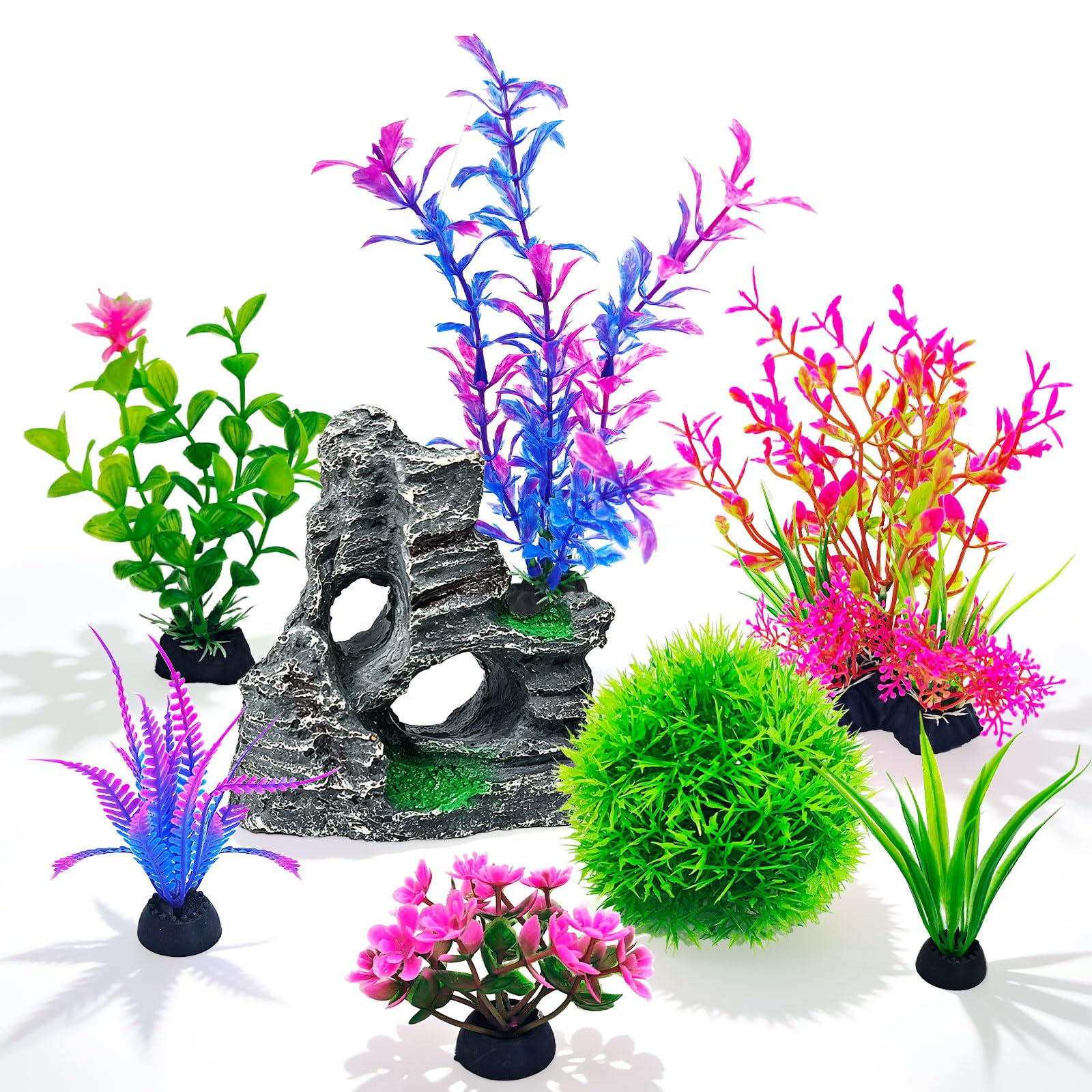 8-Pack Aquarium Decor Set, Artificial Plastic Plants And Rock Cave For Fish Tank…