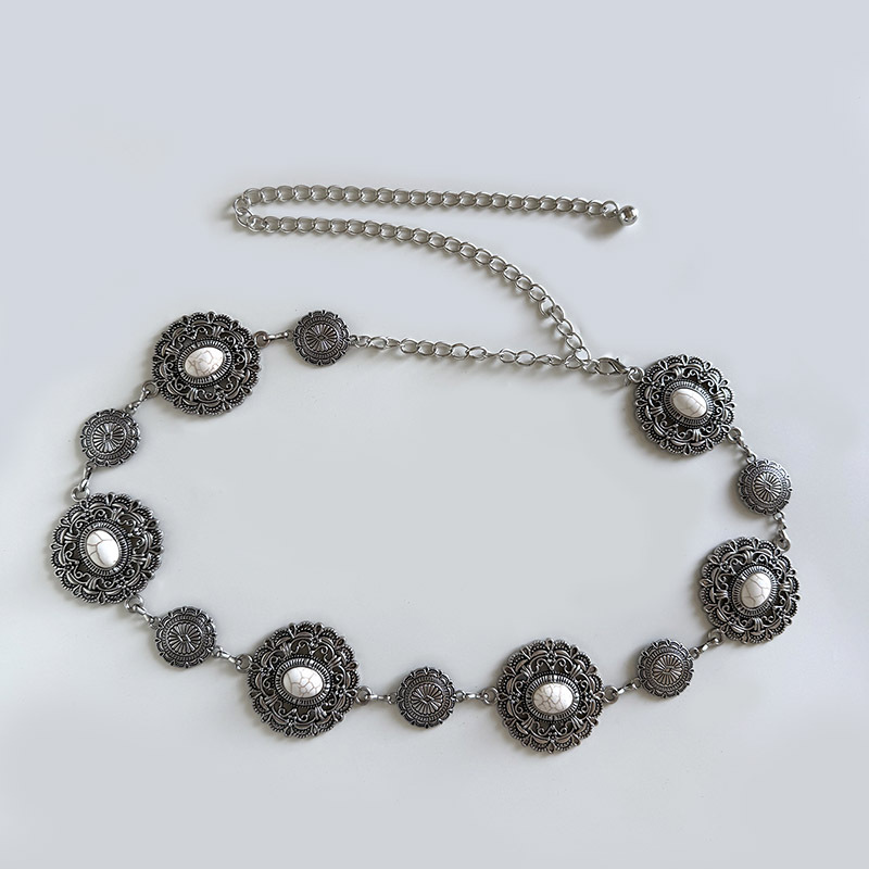 Vintage Western-style Engraved Metal Waist Chain With White Turquoise Decoration, Dress…