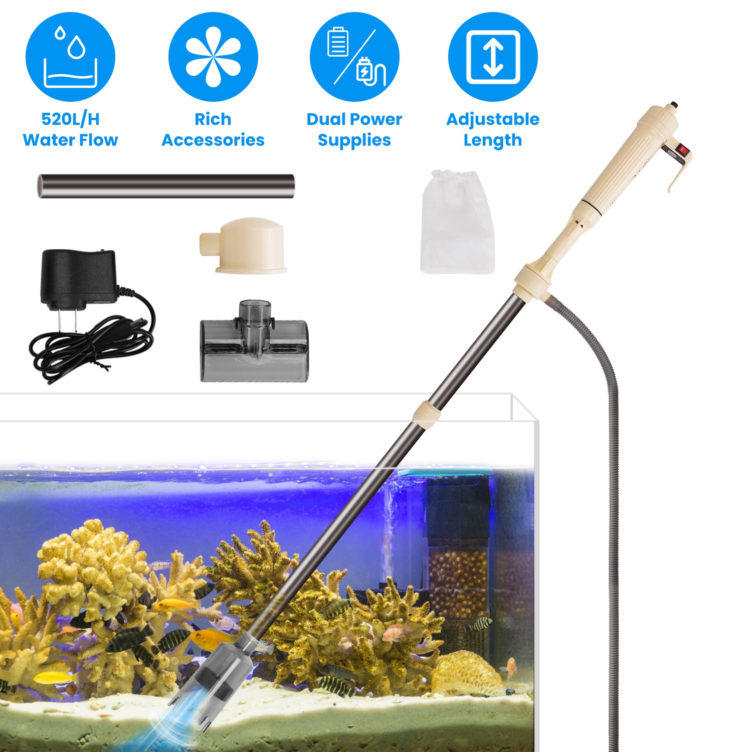 1 Set Multifunctional Electric Aquarium Gravel Cleaner Kit Length Adjustable Automatic…
