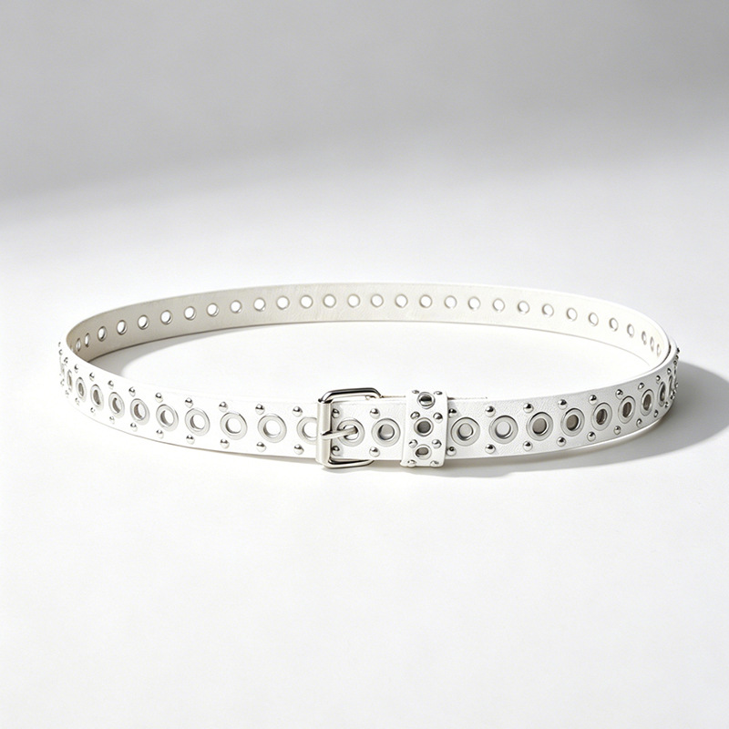 White Double-Row Metal Eyelet Rivet Wide Belt For Women, American Y2K Punk Style…