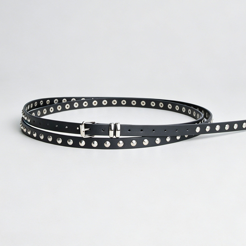 Punk Double-loop Thin Belt For Women, Decorated With Metal Eyelets And Rivets, Suitable…