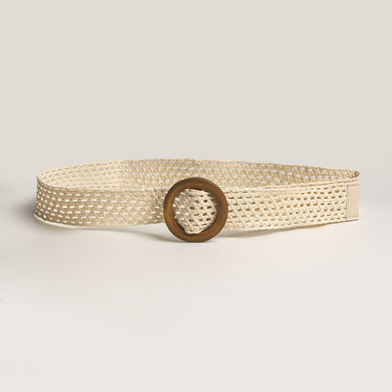 Women's Korean-style PP Raffia Elastic Woven Belt With Wooden Buckle, Breathable…