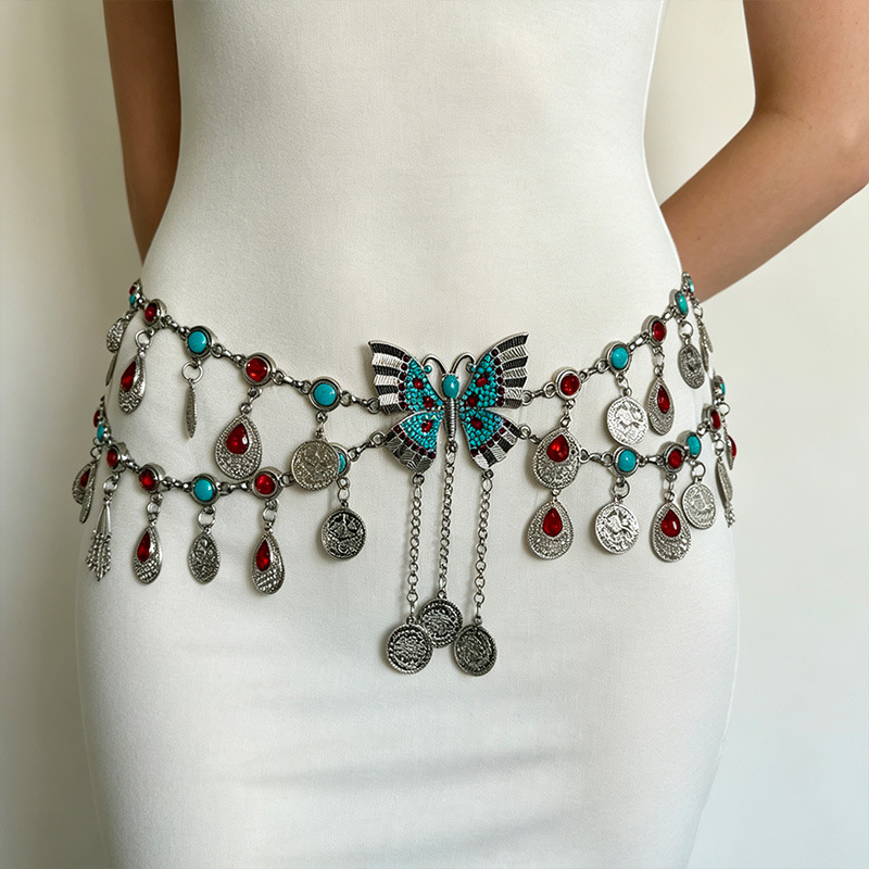 Retro Ethnic Style Butterfly Rhinestone Waist Chain With Turquoise Coin Tassel Pendant…