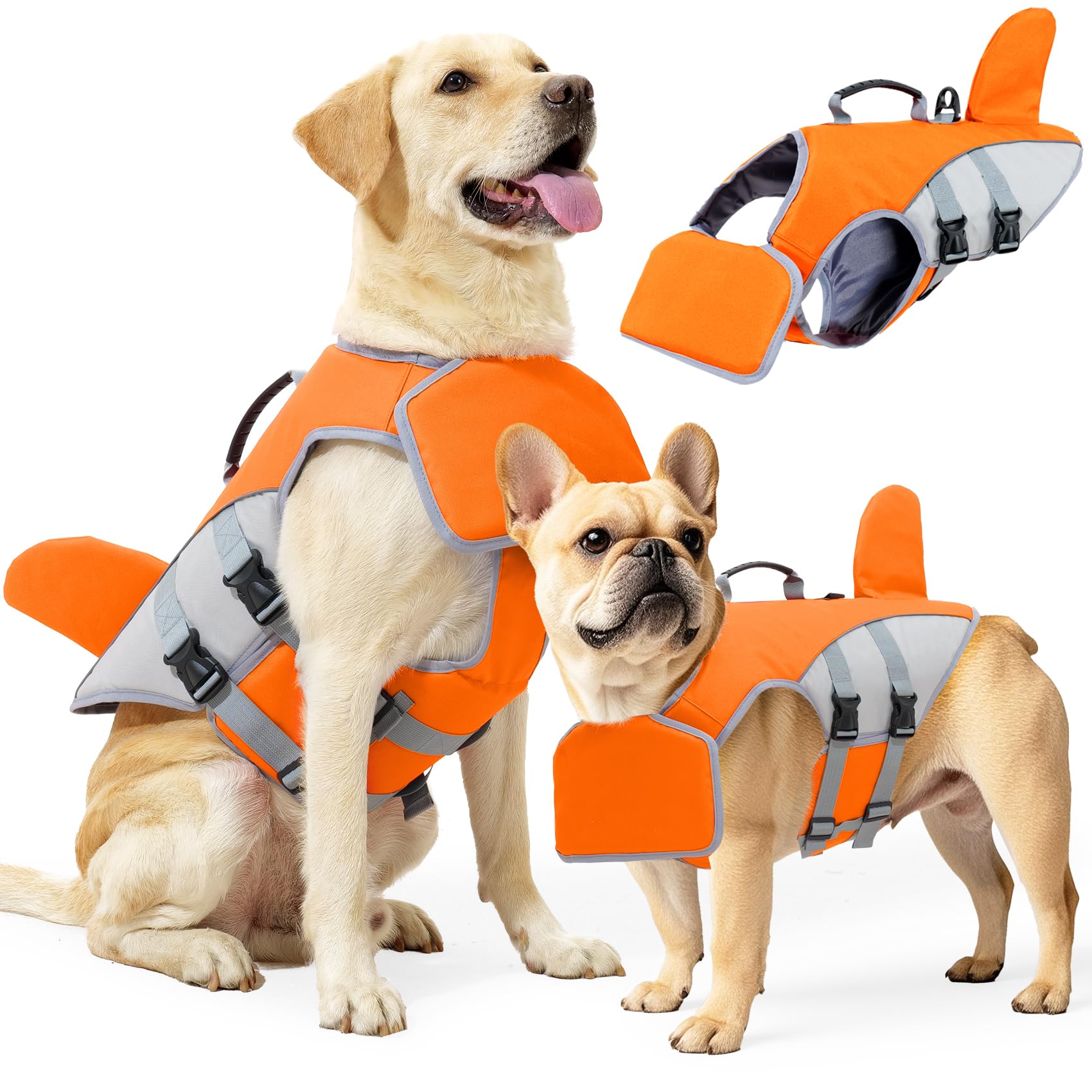 Dog Life Jacket For Small Medium Large Dogs, Shark Pet Life Vest With Rescue Handle…