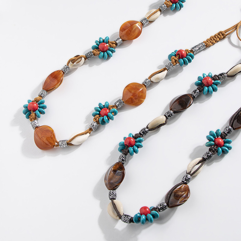Bohemian Style Flower Woven Knot Ethnic Style Handmade Wooden Beads Women's Belt Leisure…