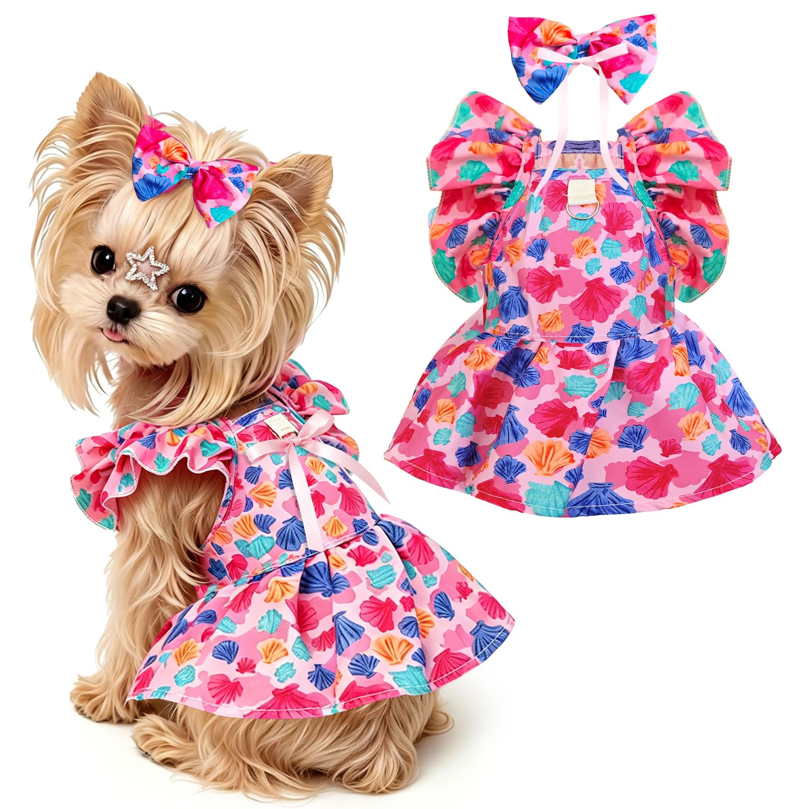 Cute Floral Small Dog Cat Harness Dress Outfits With Bow & Leash D-Ring,Soft Breathable…