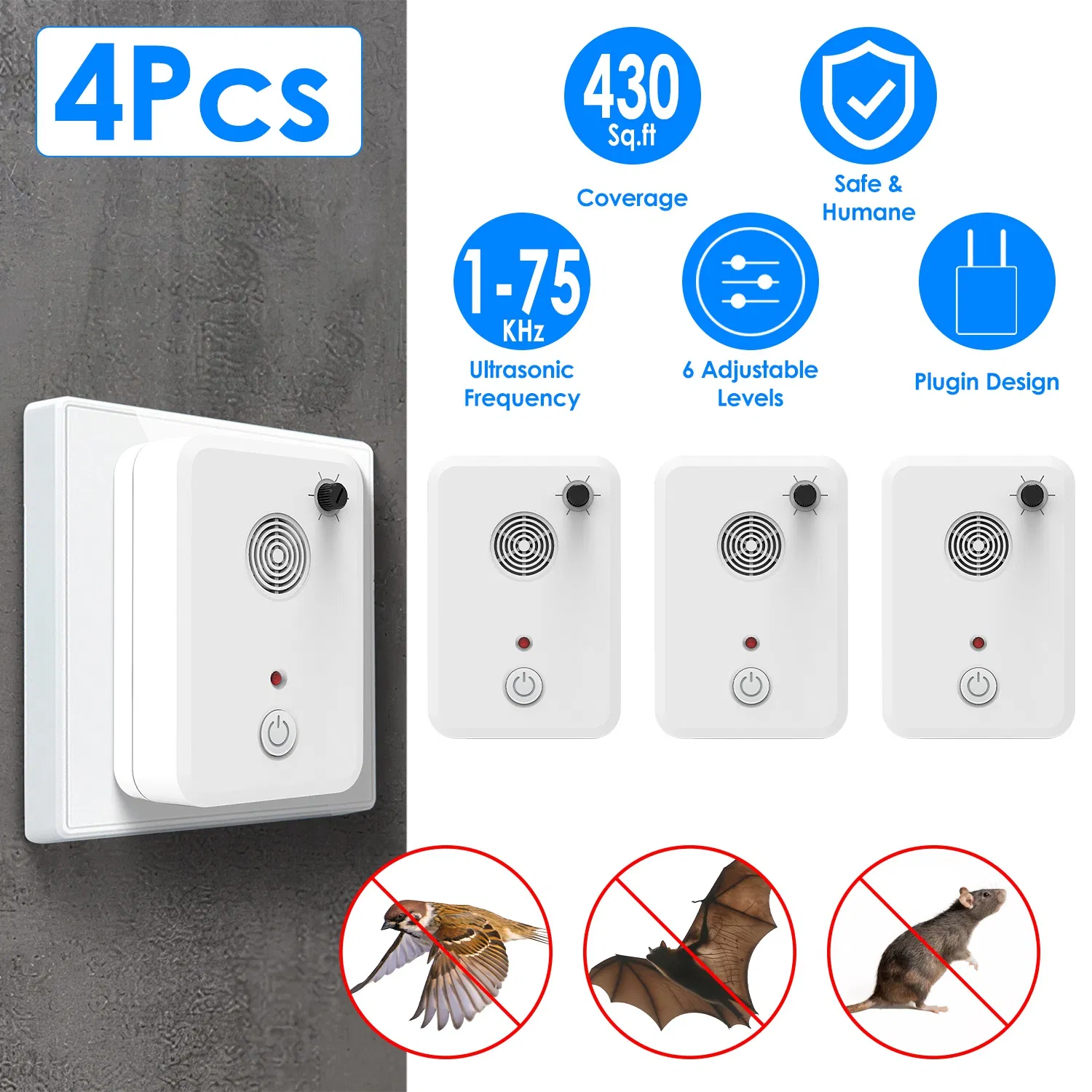 4 Packs Ultrasonic Pest Repeller, 1-75KHz 6 Adjustable Levels for Bats Birds Mice, Humane…