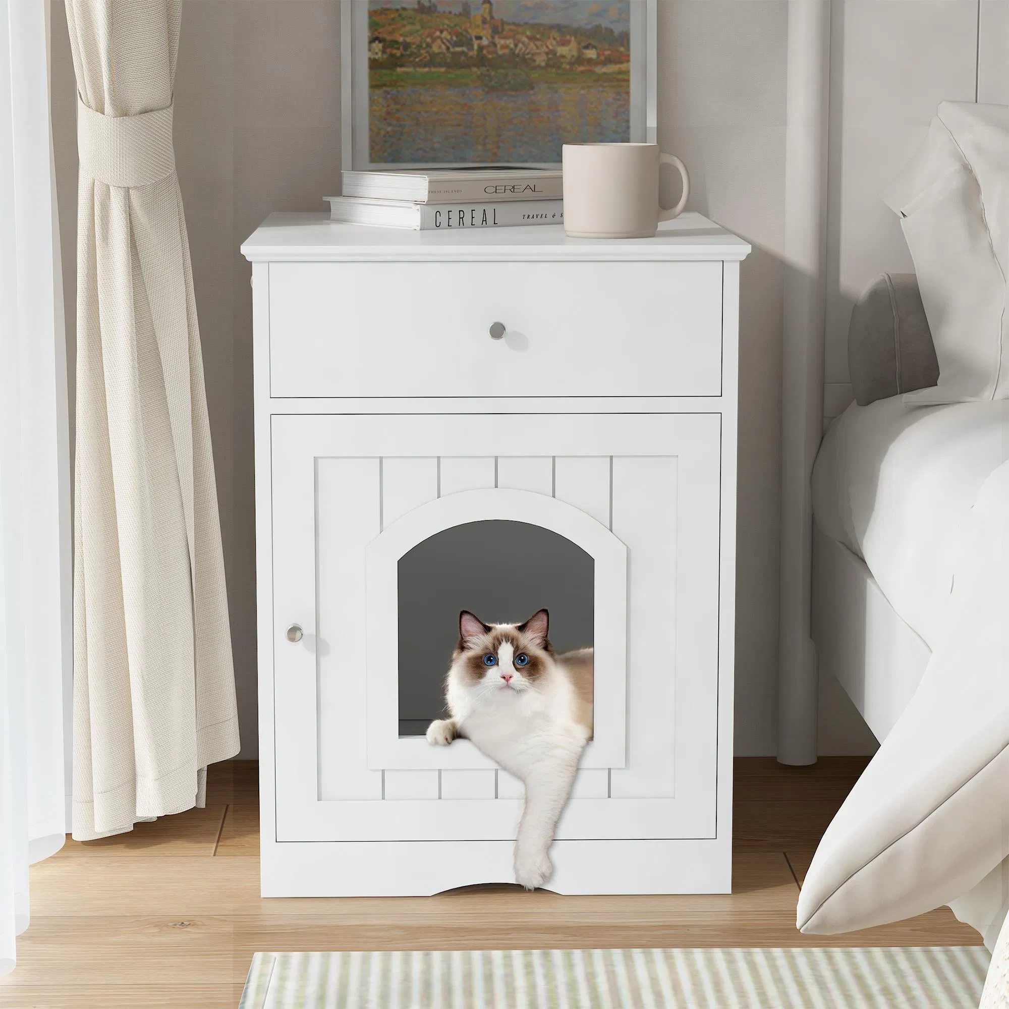 Wooden Pet House Cat Litter Box Enclosure with Drawer, Side Table, Indoor Pet Crate, Cat…