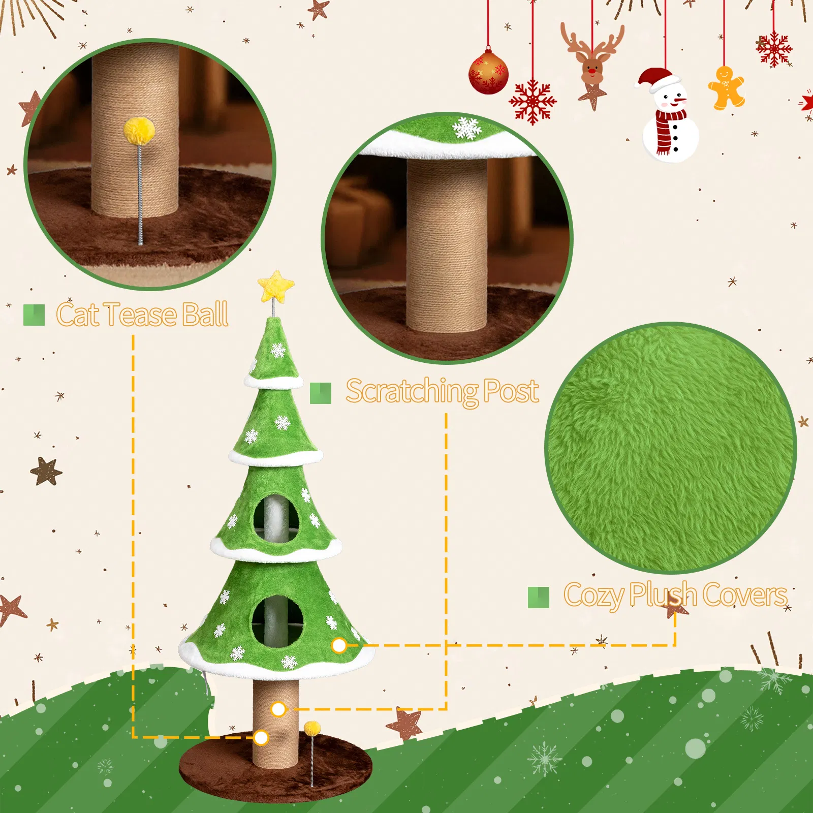 59in Large Tall Christmas Tree Cat Tower with 2 Cat Condos & Scratching Post, Soft Fleece…