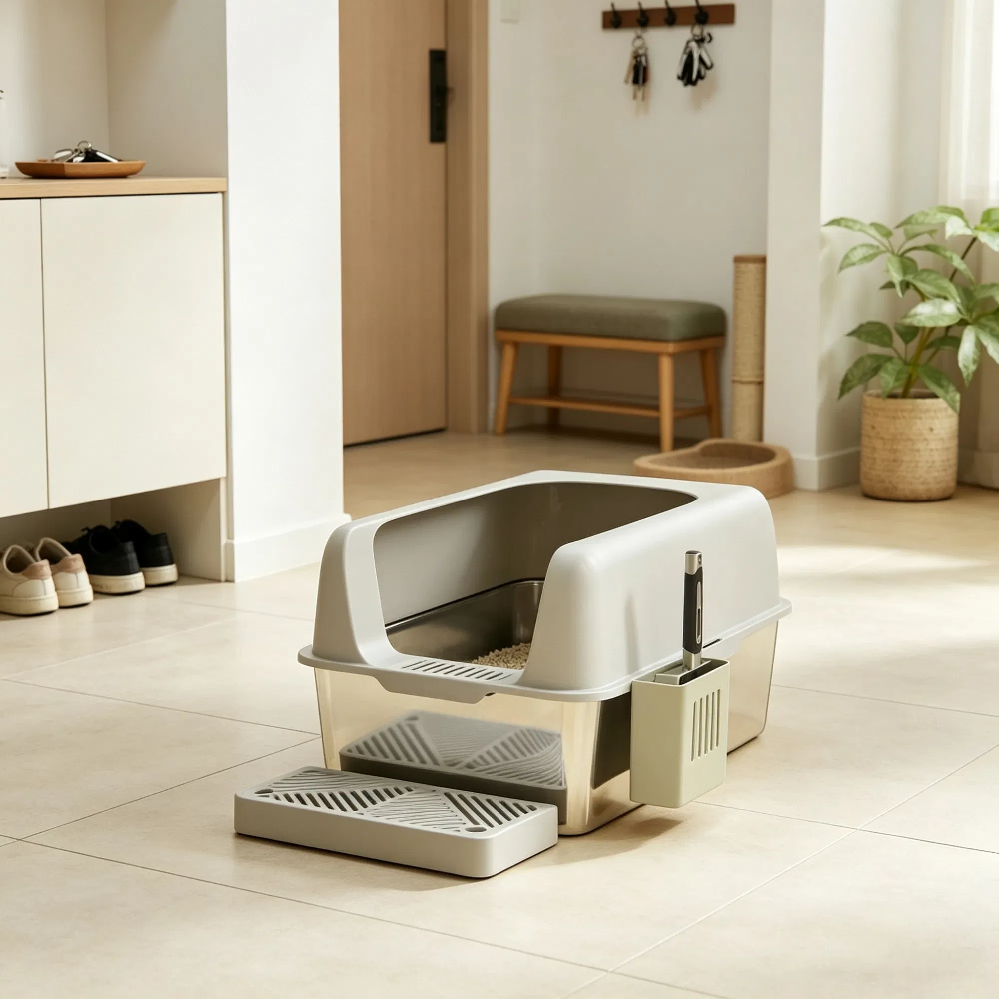 Light Gray 2 Pack High Sided Stainless Steel Litter Box Anti-Urine Leakage for Multi-Cat…