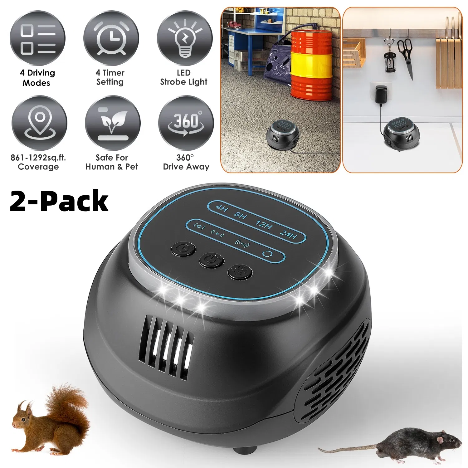 2-Pack Ultrasonic Rodent Chaser Rat Repellent Pest Driver Mouse Control Squirrel Repeller…