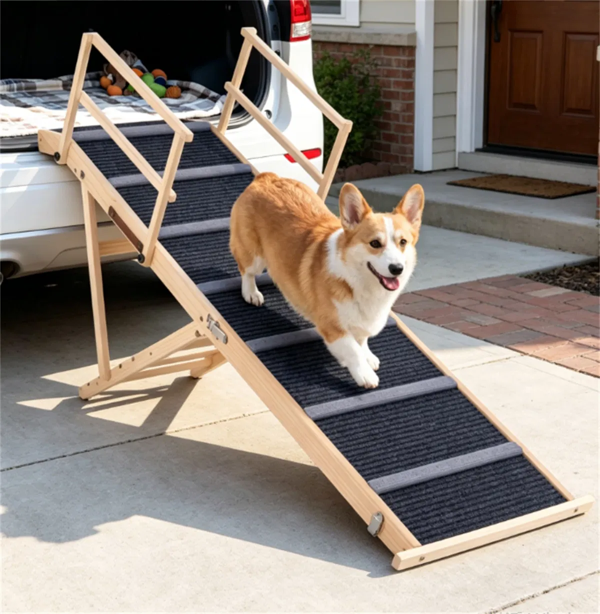 6-Level Adjustable Foldable Pet Ramp , Solid Pine Wood Non-Slip Dog Stairs with Side…