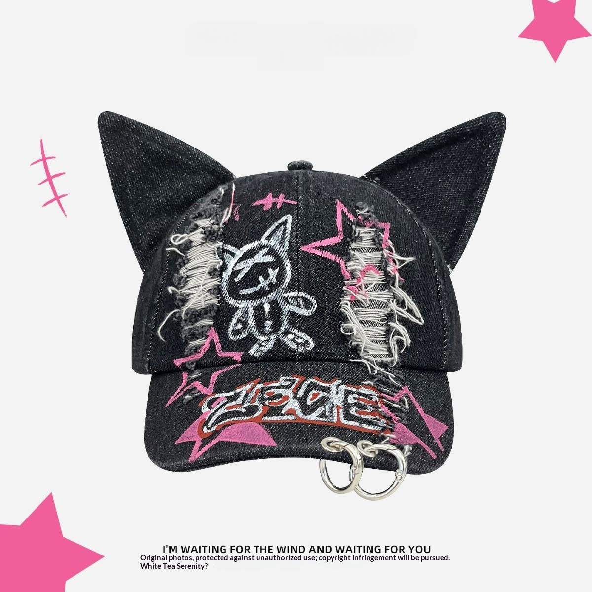 Dark-style Distressed Baseball Cap With Cat Ears Graffiti Streetwear