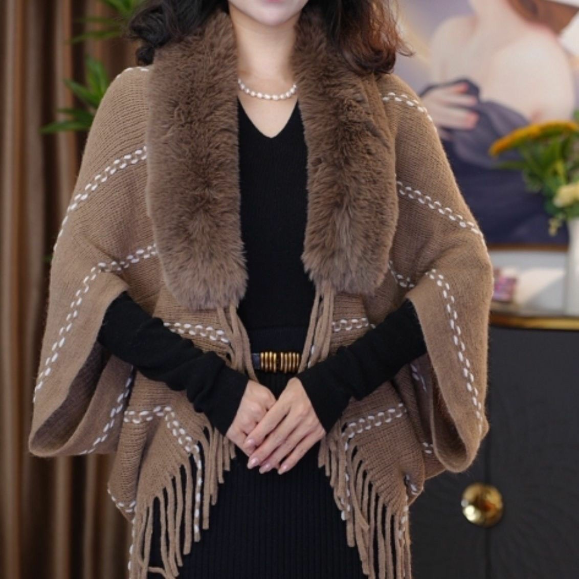 Knitted Shawl With A Fur Collar And Tassels