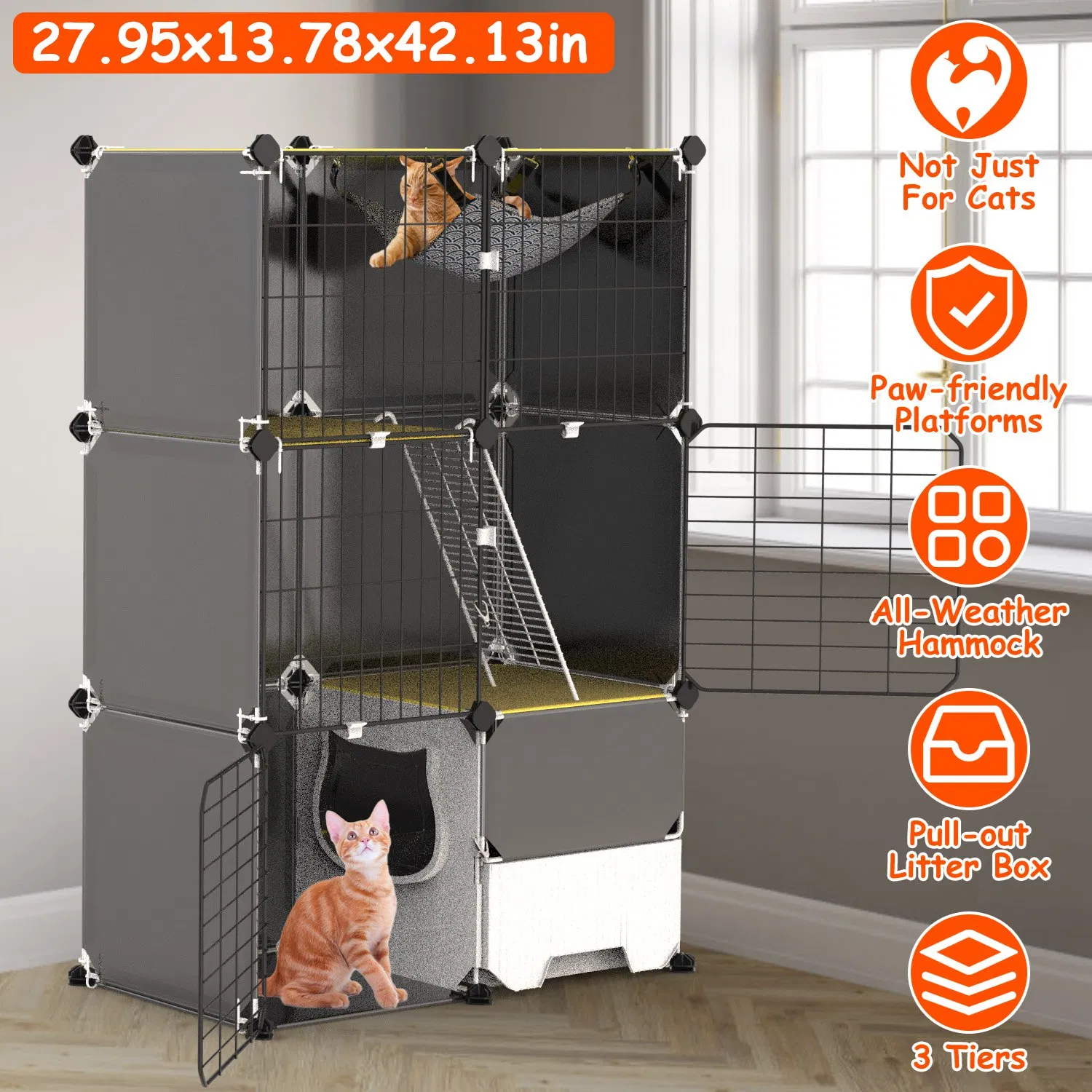 1-Pack 3 Tier Cat Cage Indoor with Litter Box Hammock Detachable Metal Wire Cat Kennel…