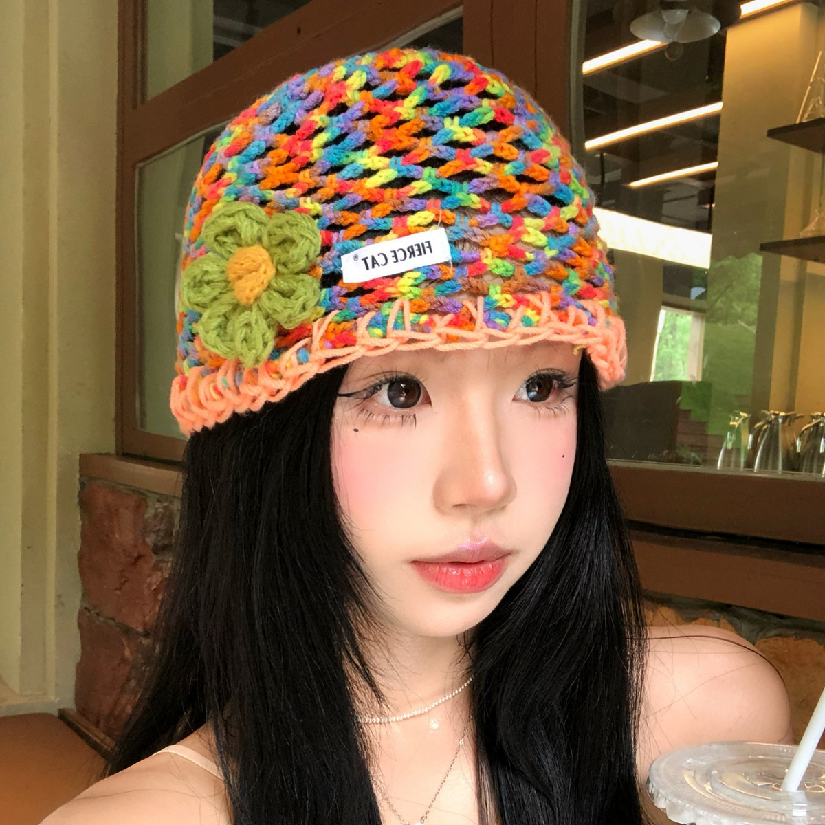 Women's Summer Thin Colorful Hollow-Out Floral Knitted Hat