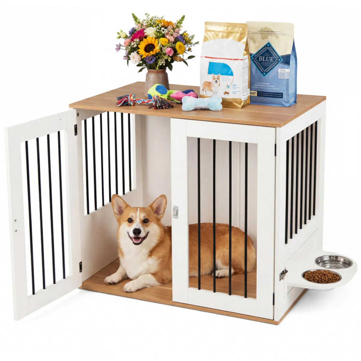 Furniture Style Dog Crate with 360° Rotating Feeder & 304 Stainless Steel Bowls, Double…