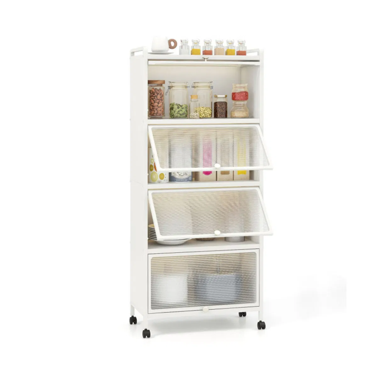 5-Tier Rolling Microwave Stand Flip Dust-Proof Doors 4 Casters with Brakes Kitchen…