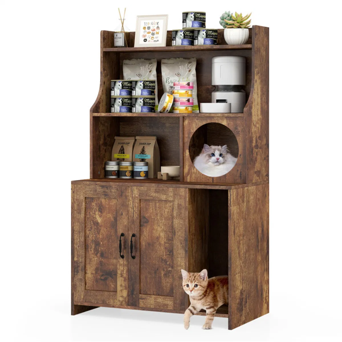 Wooden Hidden Cat Litter Box Enclosure with Storage Shelves Anti-Toppling Design…