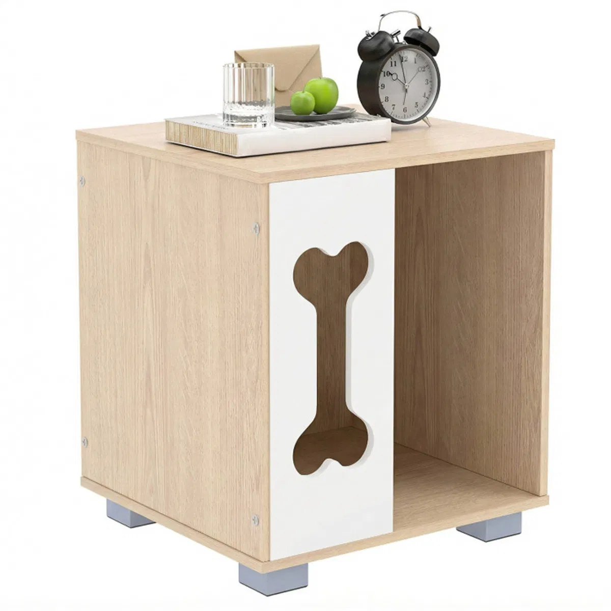 Cat Dog House Dog Bed Side Table Wooden Dog Condo with Bone-shape Window and Thick Metal…