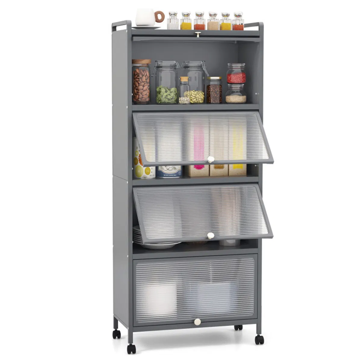 5-Tier Rolling Microwave Stand Flip Dust-Proof Doors 4 Casters with Brakes Kitchen…