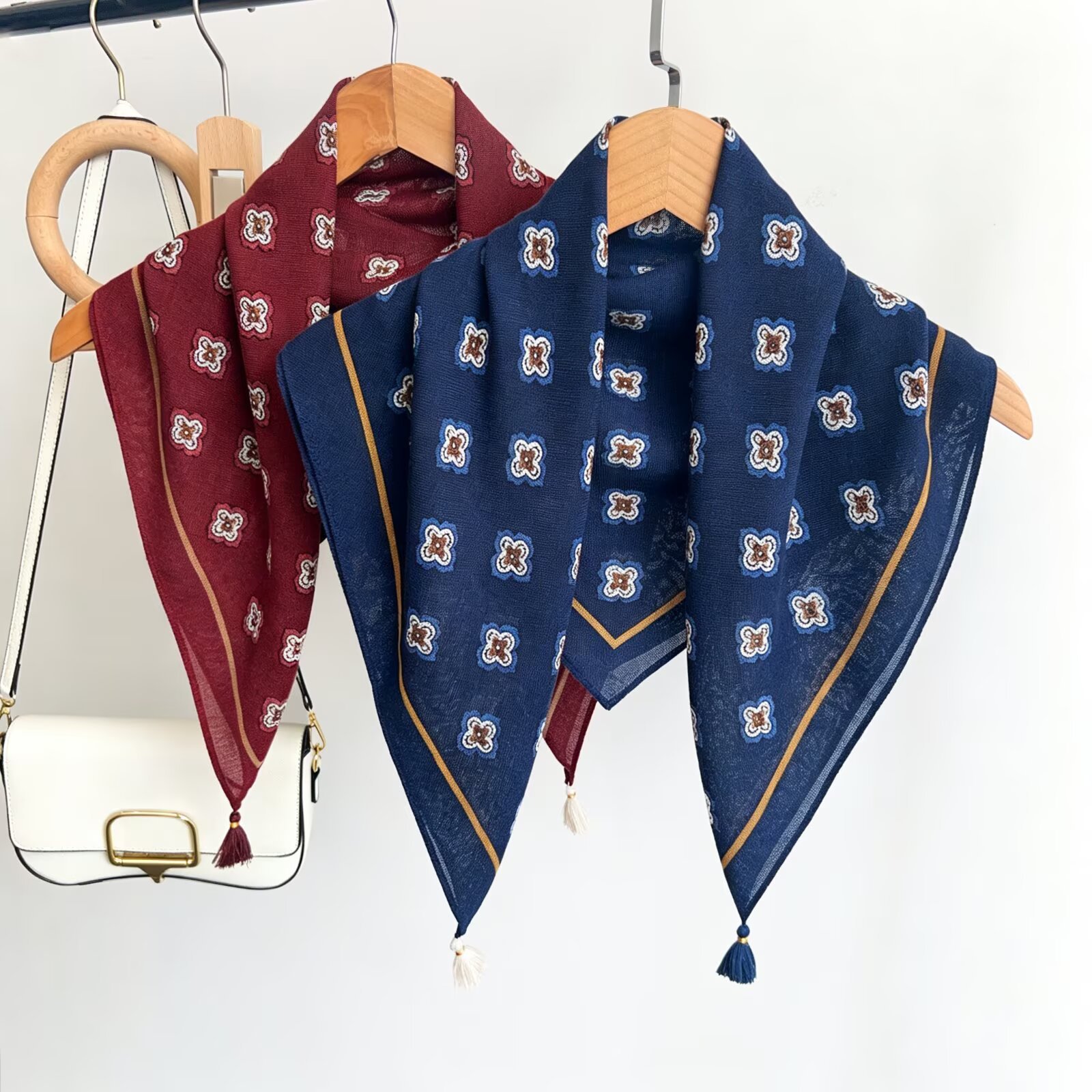 Vintage Geometric Small Flower Tassel Womens Scarf