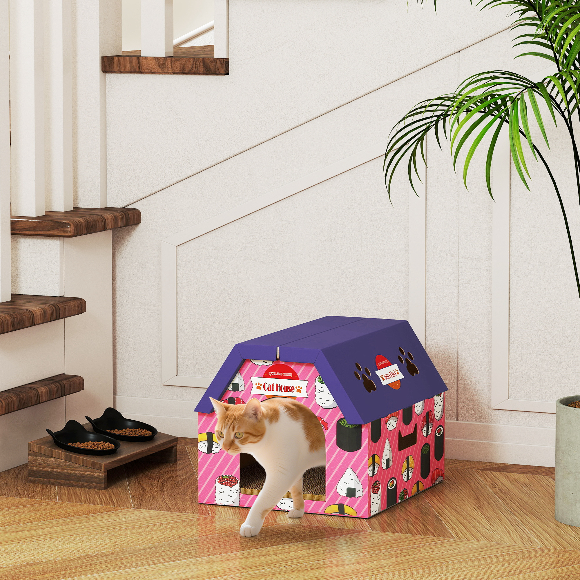 2-in-1 Gaming Style Cardboard Cat House With Scratching Board & Catnip For Indoor Cats