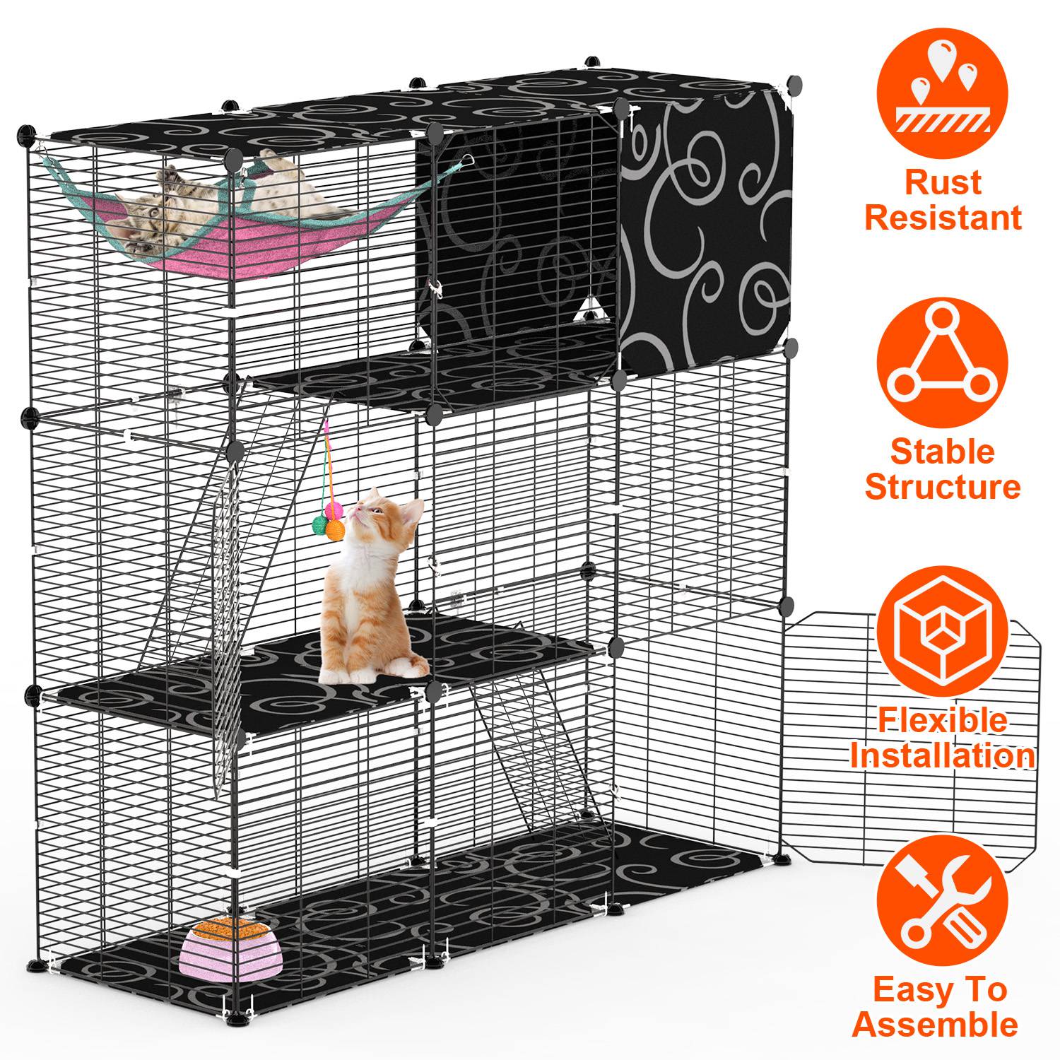 3-Tier Cat Cage Enclosure Indoor Cat Cage Playpen With Hammock Toy Ball Ladder DIY Iron…