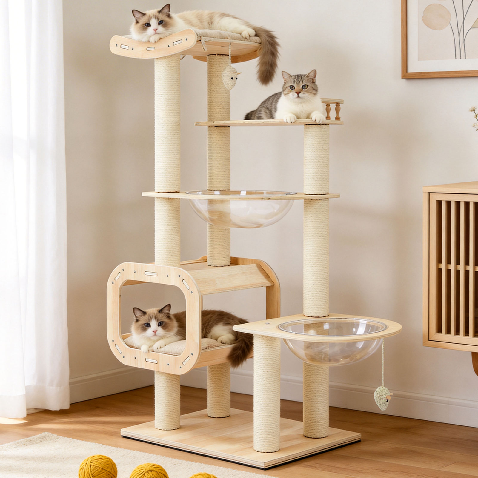 Heavy-Duty No-Drill 4-Story Cat Tree-Solid Wood Multi-Story Boards, Multi-Column Design…