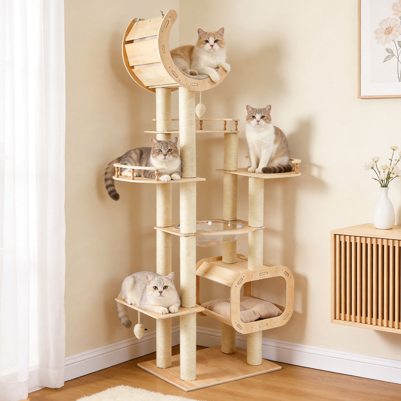 Heavy-Duty No-Drill Large Cat Tree-Solid Wood, 5-Story Multi-Column Cat Tower, 80.4in For…