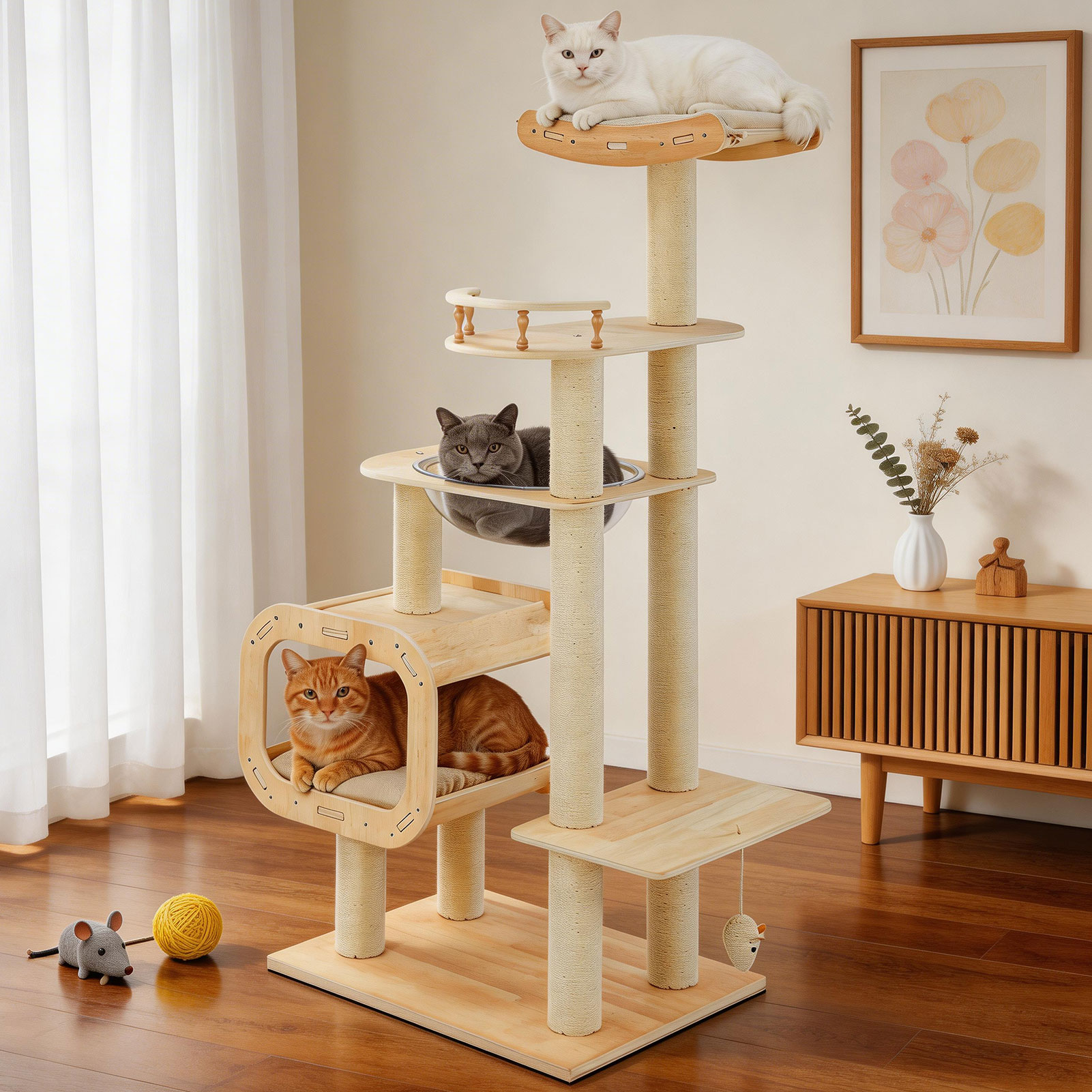 Modern Heavy-Duty No-Drill Cat Tree-Solid Wood Multi-Story Board, 4-Story Multi-Column…