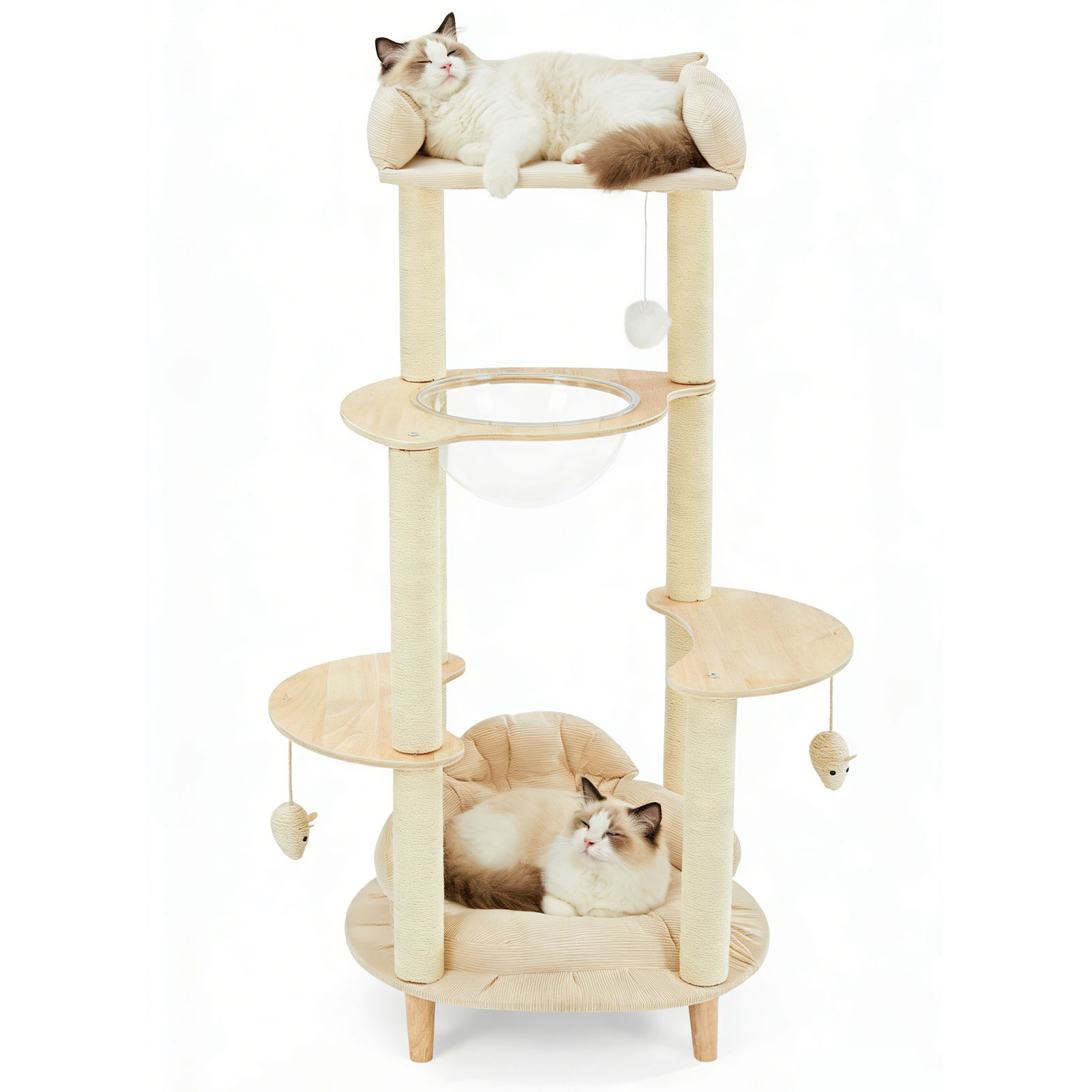 Modern Heavy-Duty No-Drill 4-Tier Solid Wood Cat Tree- 45.7in Multi-Cat Tower With Cozy…