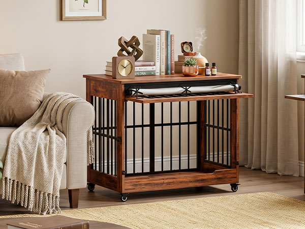38in Dog Crate Furniture, Double Door Wooden Indoor Dog Kennel Furniture, Decorative Pet…