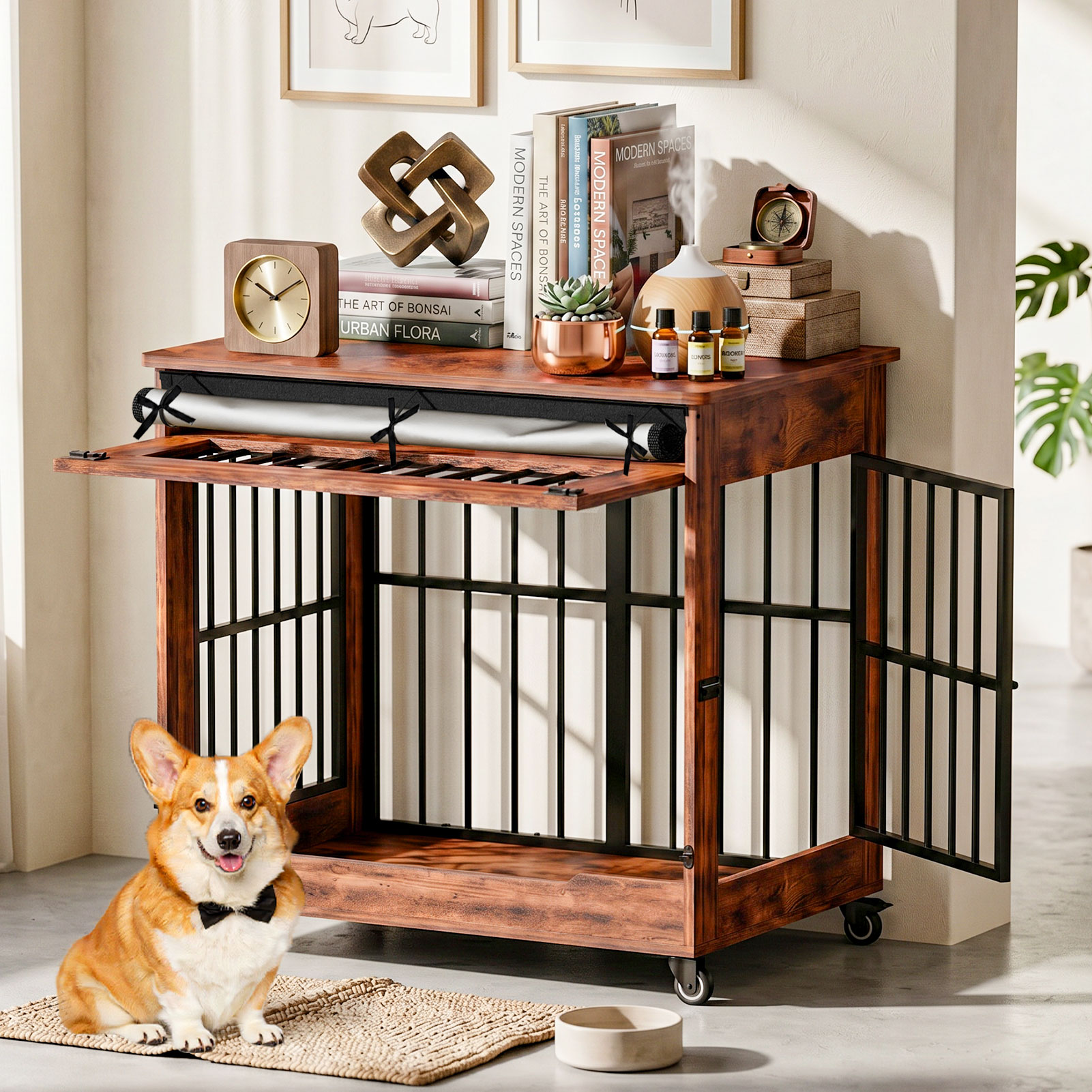 32in Dog Crate Furniture, Double Door Wooden Indoor Dog Kennel Furniture, Decorative Pet…