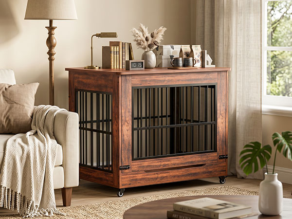 42in Large Dog Crate Furniture, Double Door Wooden Indoor Dog Kennel Furniture…