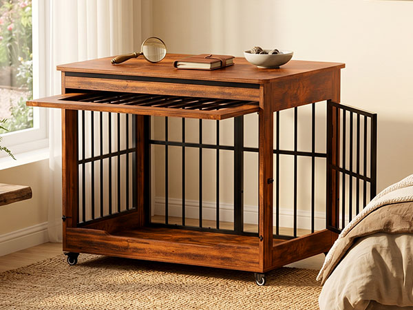 46in Large Dog Crate Furniture, Double Door Wooden Indoor Dog Kennel Furniture…