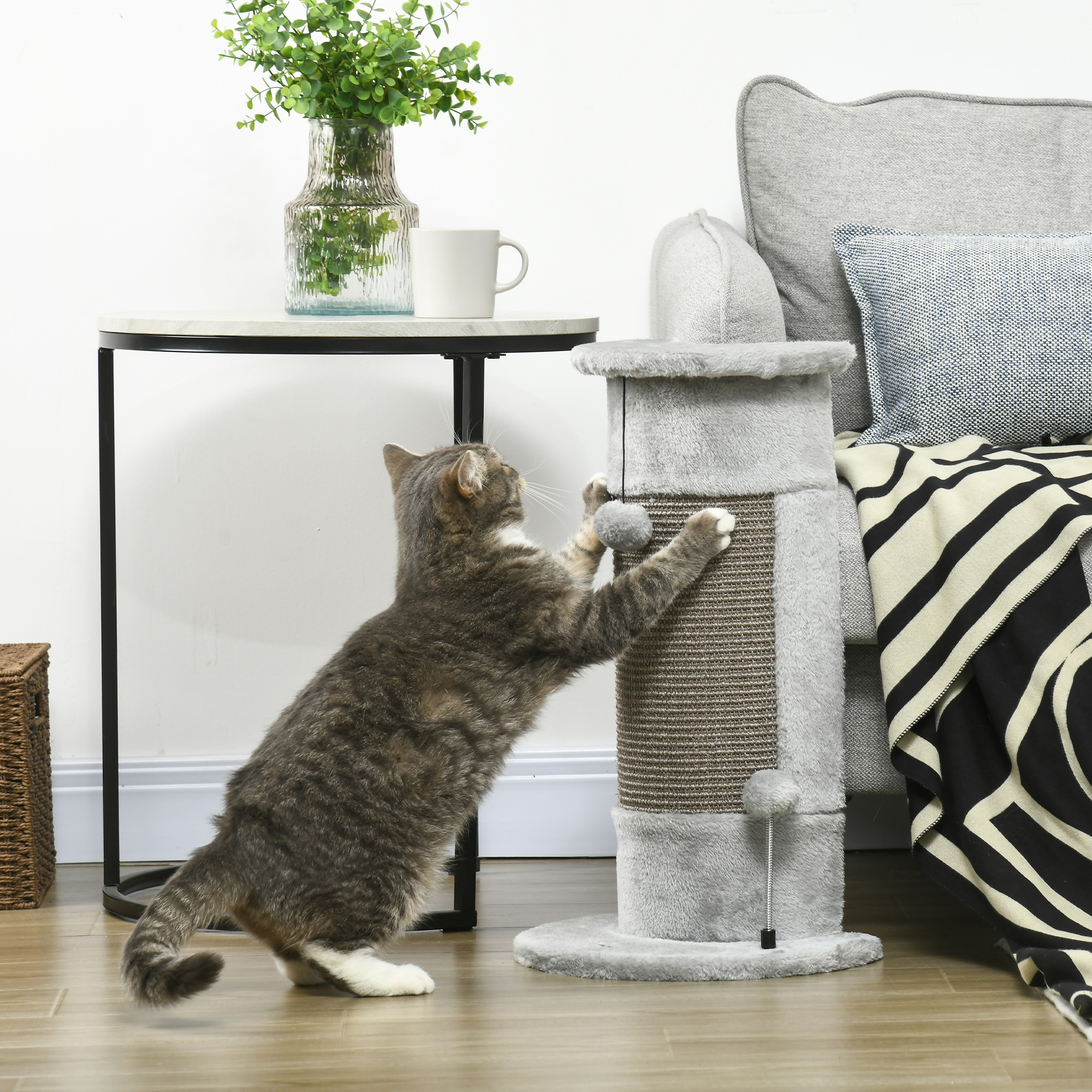 58cm Cat Scratching Post, With Covered Plush, Play Balls, For Corner Walls - Grey