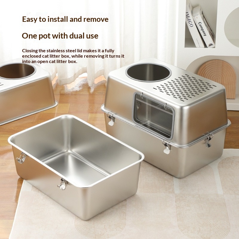 Stainless Steel Enclosed Cat Litter Box With Odor Control