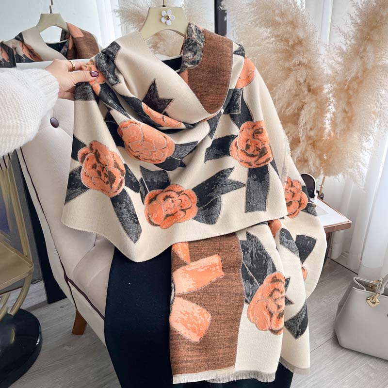 Light-luxury Camellia Bow Shawl Double-sided Thickened Scarf