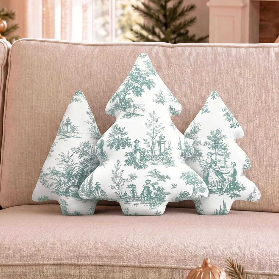 3-Pack Sage Green Toile Christmas Tree Pillows Vintage Cushion Decor
