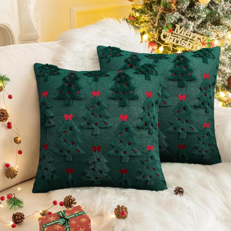 2-Pack Christmas Pillow Covers 18x18, 3D Jacquard Faux Fur Decor
