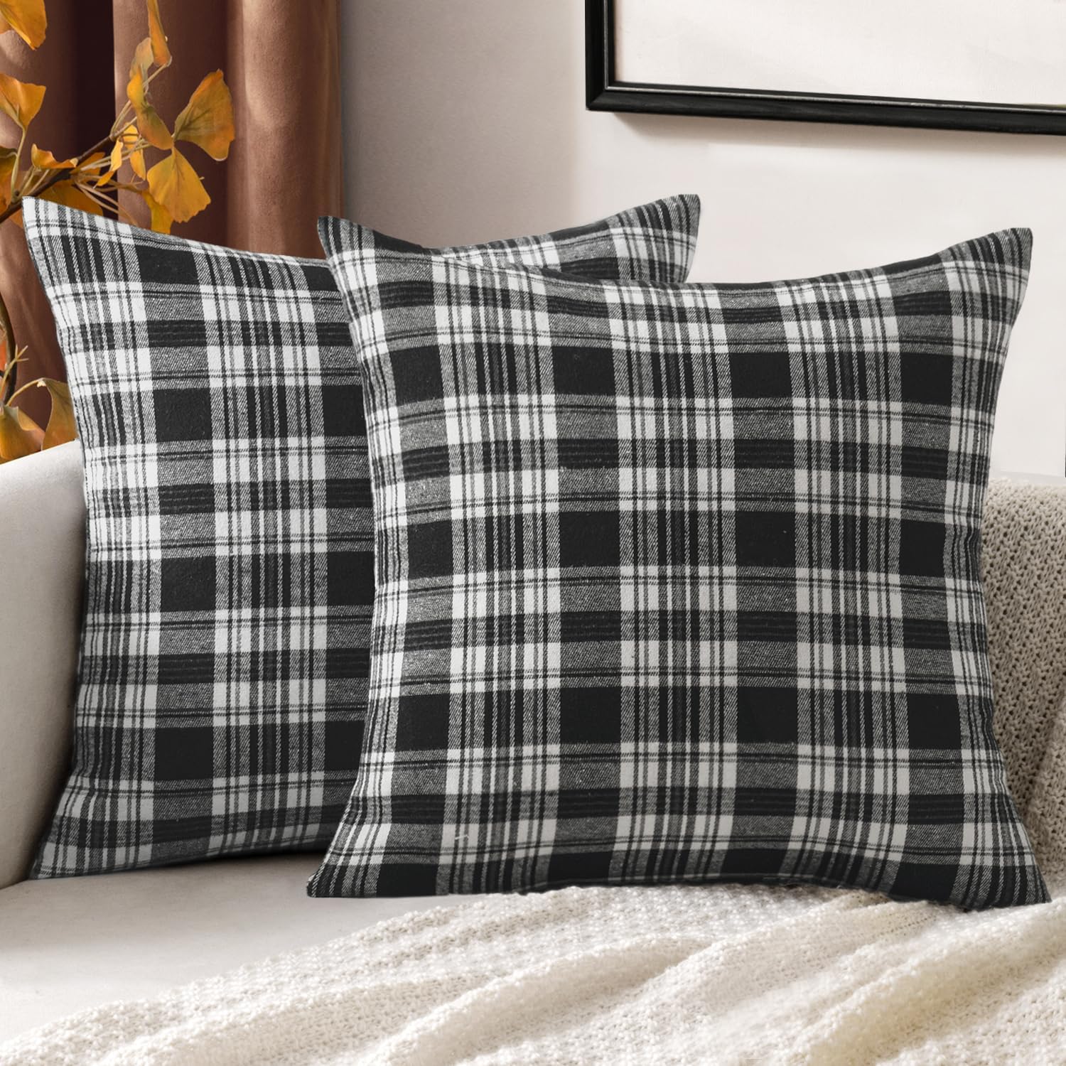 Fall Black White Scottish Plaid Pillow Covers 2 Units, 18x18 Inch Decorative Cushion…