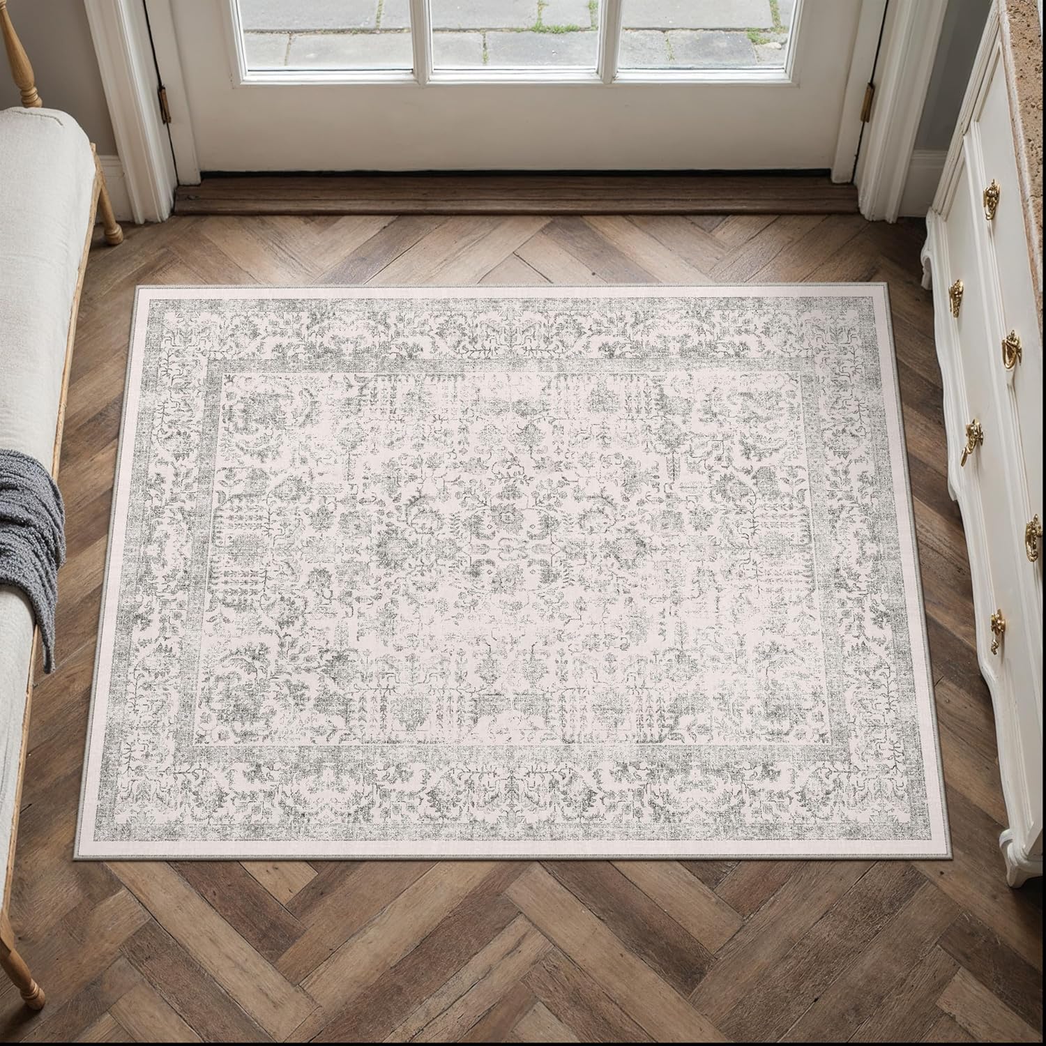 Grey Vintage Area Rug 2x3 Ft, Washable Small Entryway Carpet For Bedroom, Living Room…
